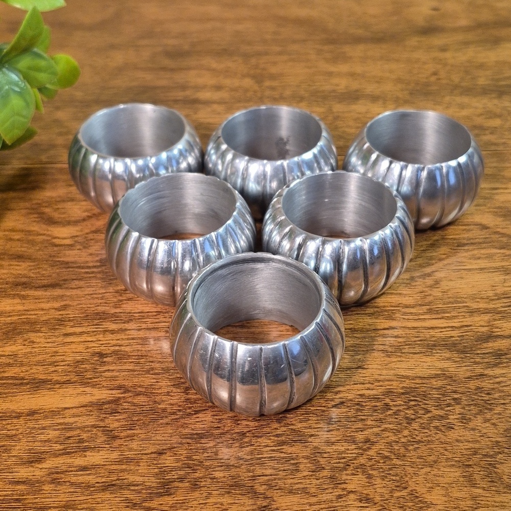 VINTAGE-STYLE Cylindrical Pewter-Tone Ribbed Design Metal Napkin Rings, Set of 6